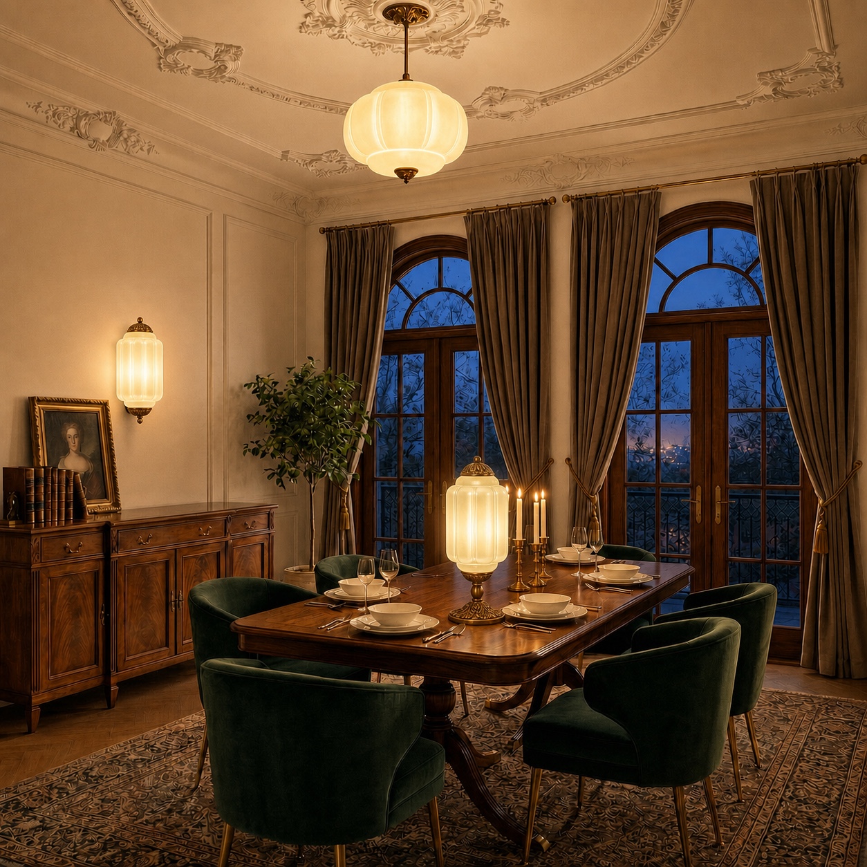 Dining room at night with the pendant light glowing