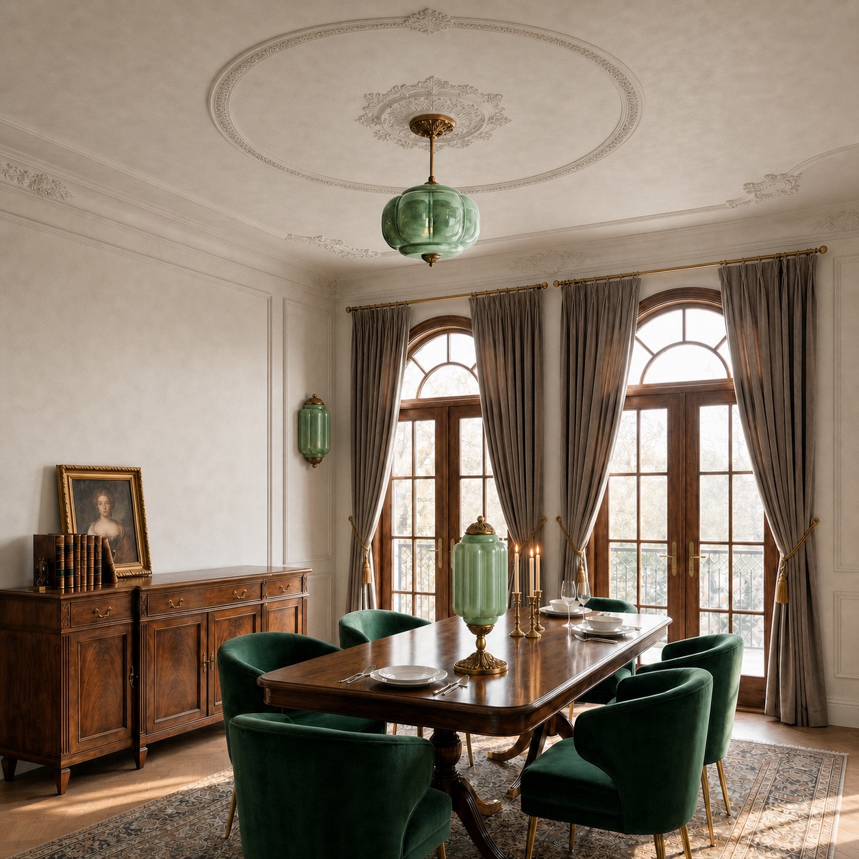 Esszimmer-Szene mit Glas-Pendelleuchte