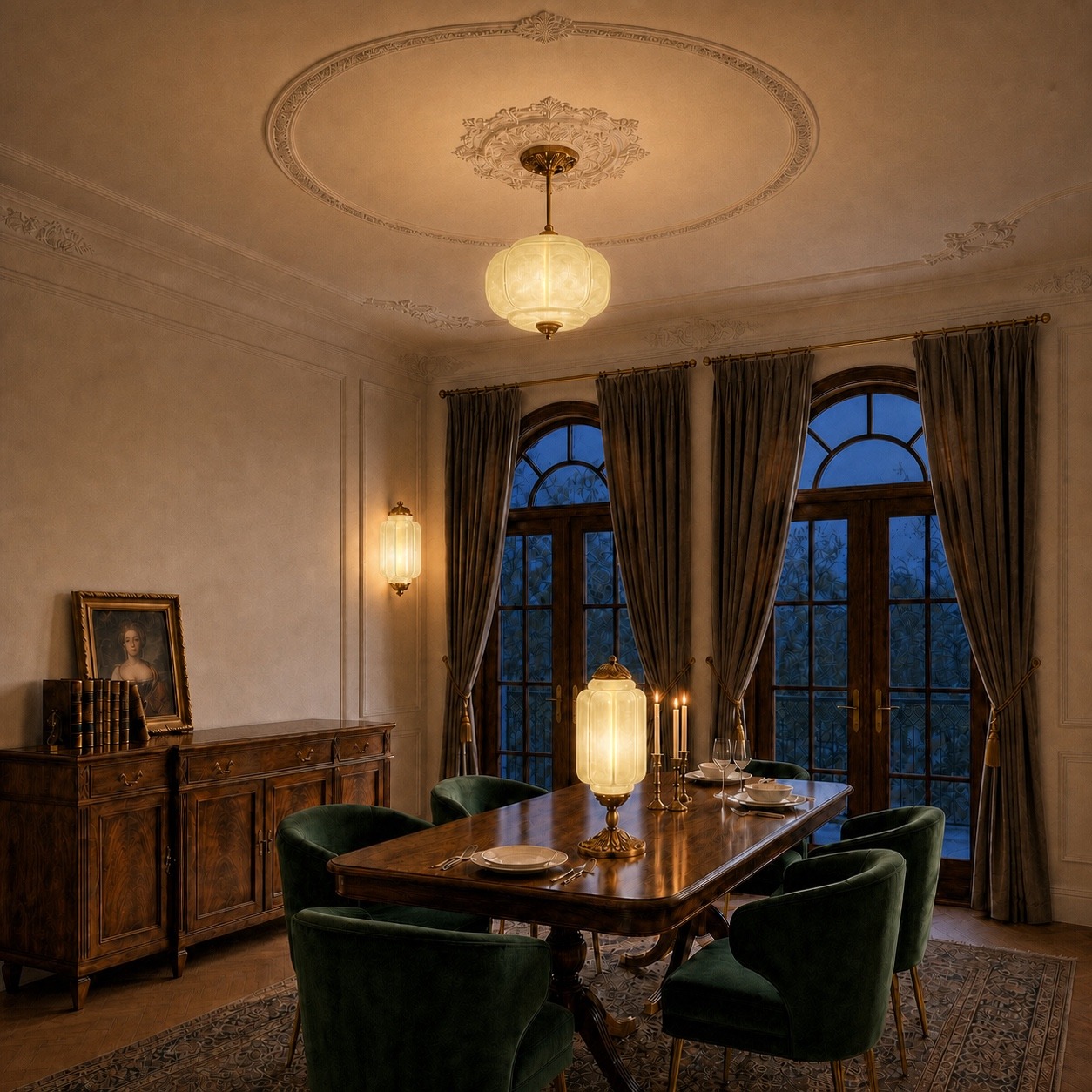 Esszimmer bei Nacht mit leuchtender Pendelleuchte