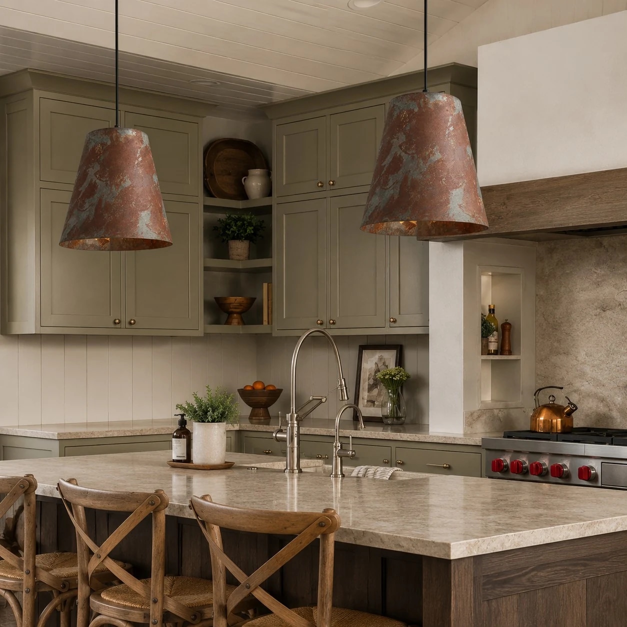 Hanglampen met een vintage patina in een warme eetkeuken.