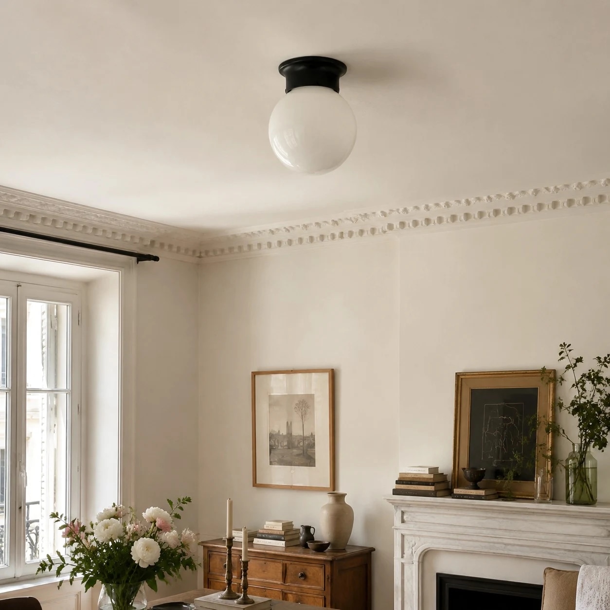 Lámpara de techo minimalista de cristal instalada en una sala de estar luminosa.