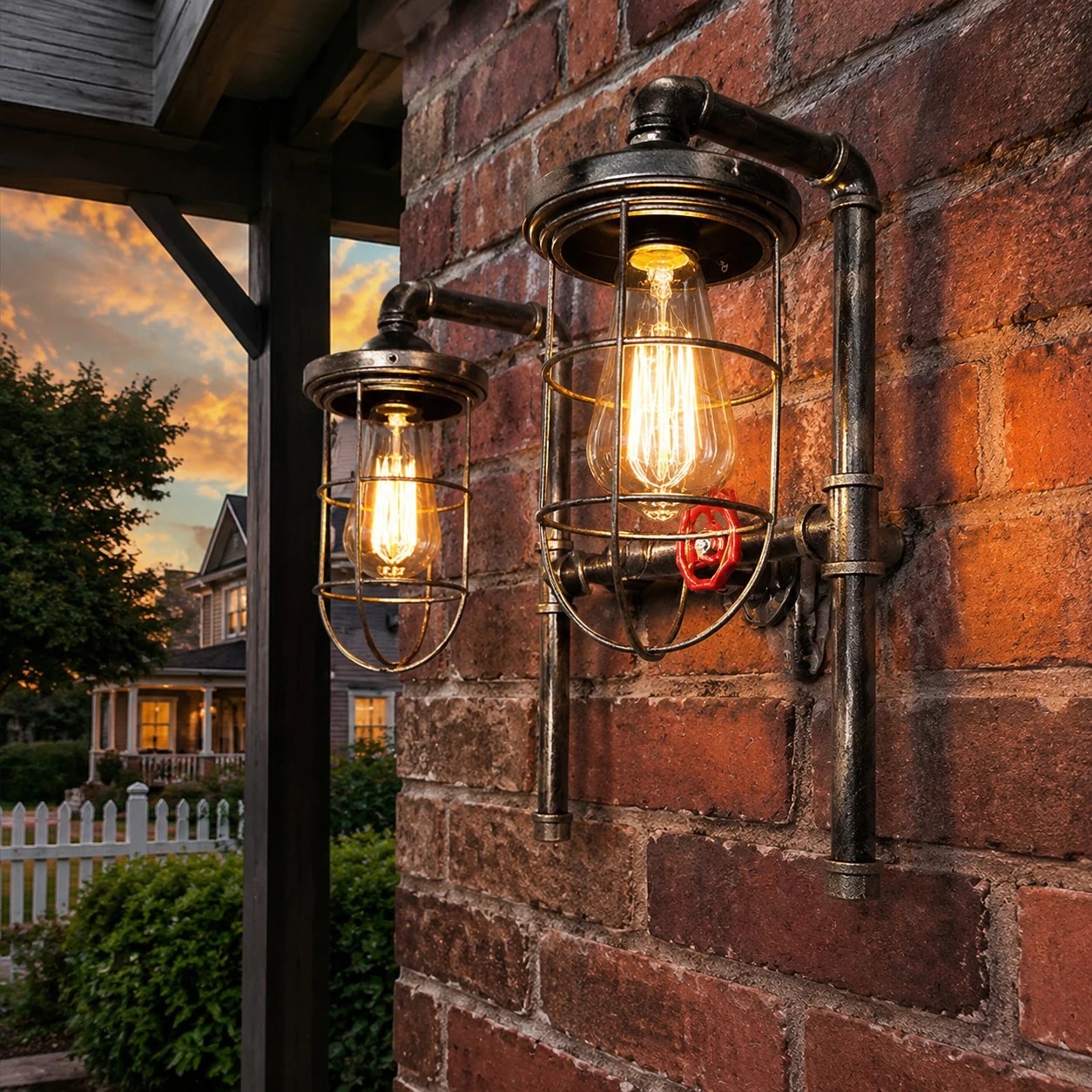 Industriële wandlamp met buisconstructie en vintage kooivormige lampenkap.