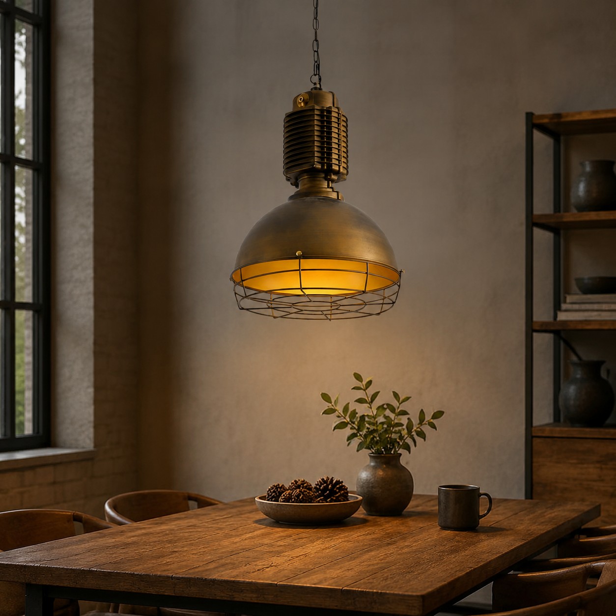Antieke messing hanglamp boven een warme, industriële tafel