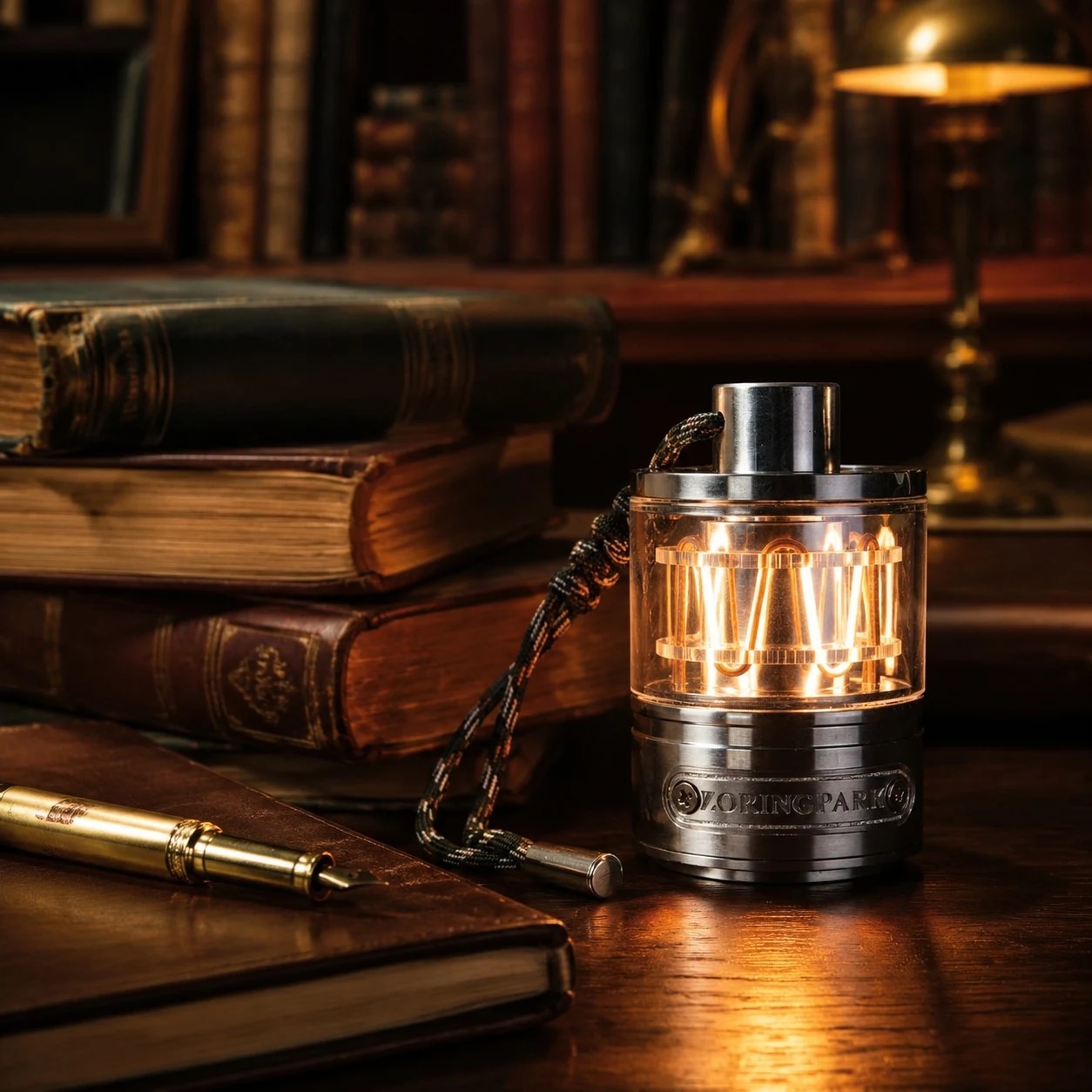 Een warme lamp op een tafel met boeken.