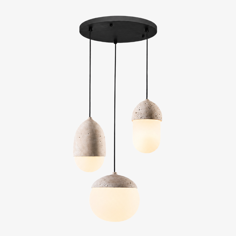 Rund pendellampa i travertin i E-stil med tre ljuskällor, 60 cm