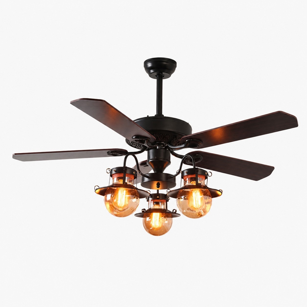 Style A Wood Blades / Matte Black Frame / Amber Glass Globes 3-Light ceiling fan light