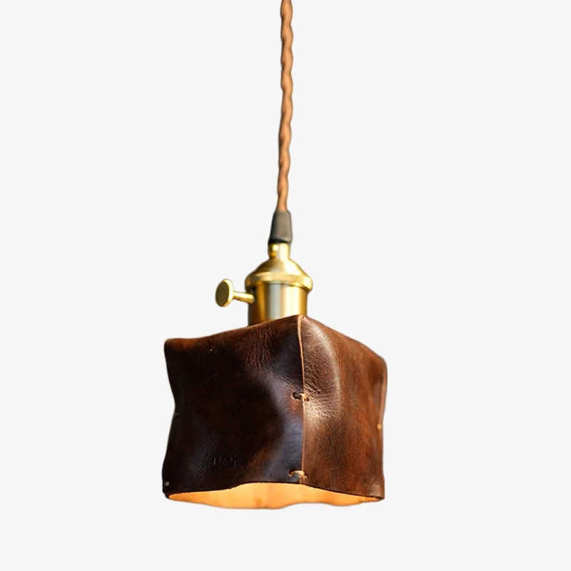 9 x 9cm 진한 갈색 가죽 펜던트 조명