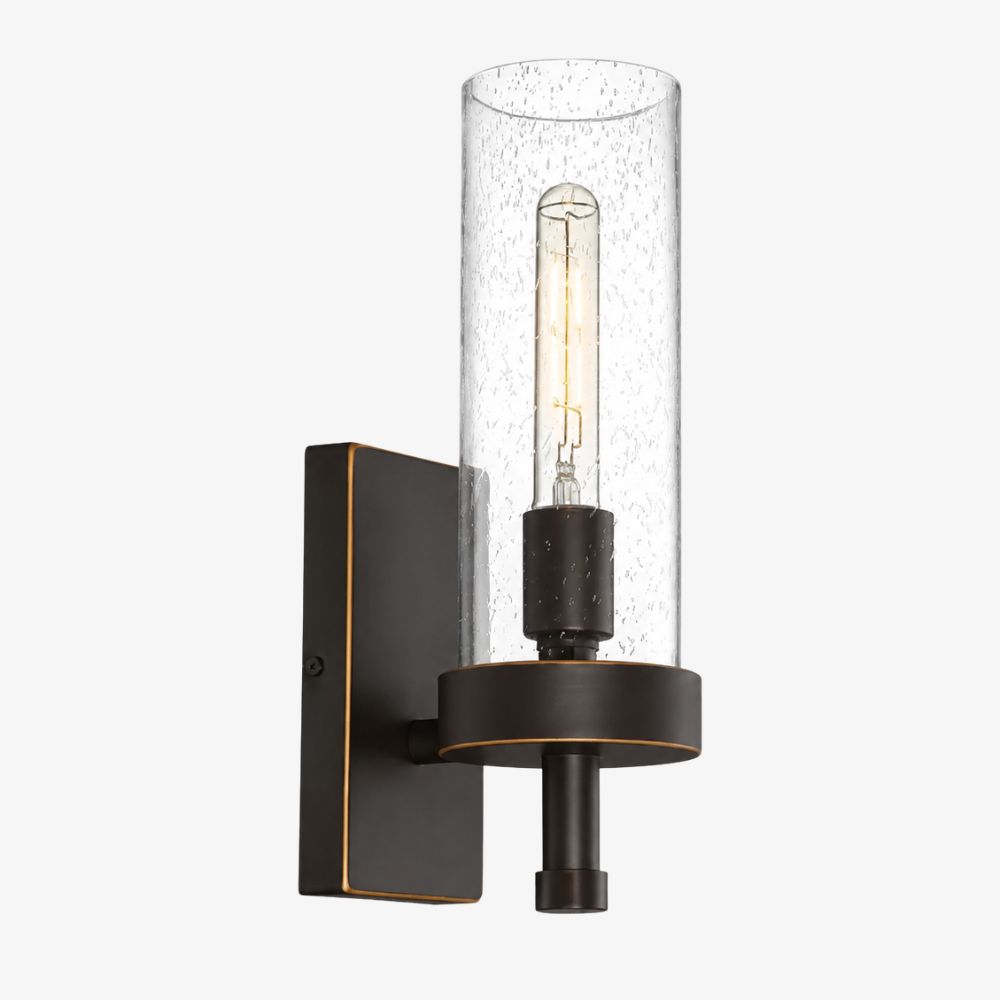 Aplique de pared moderno con cilindro de vidrio transparente semillado y acabado en negro