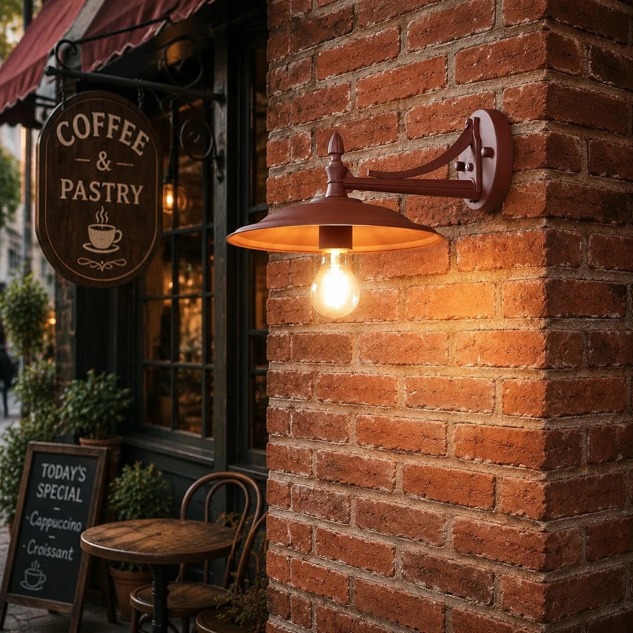 Aplique de parede marrom-café ao lado de uma fachada de tijolos estilo café.