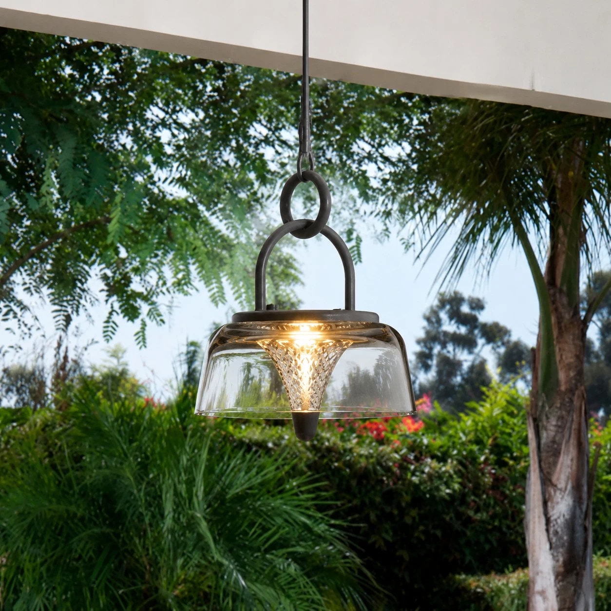 Lanterne solaire noire transparente suspendue dans un jardin