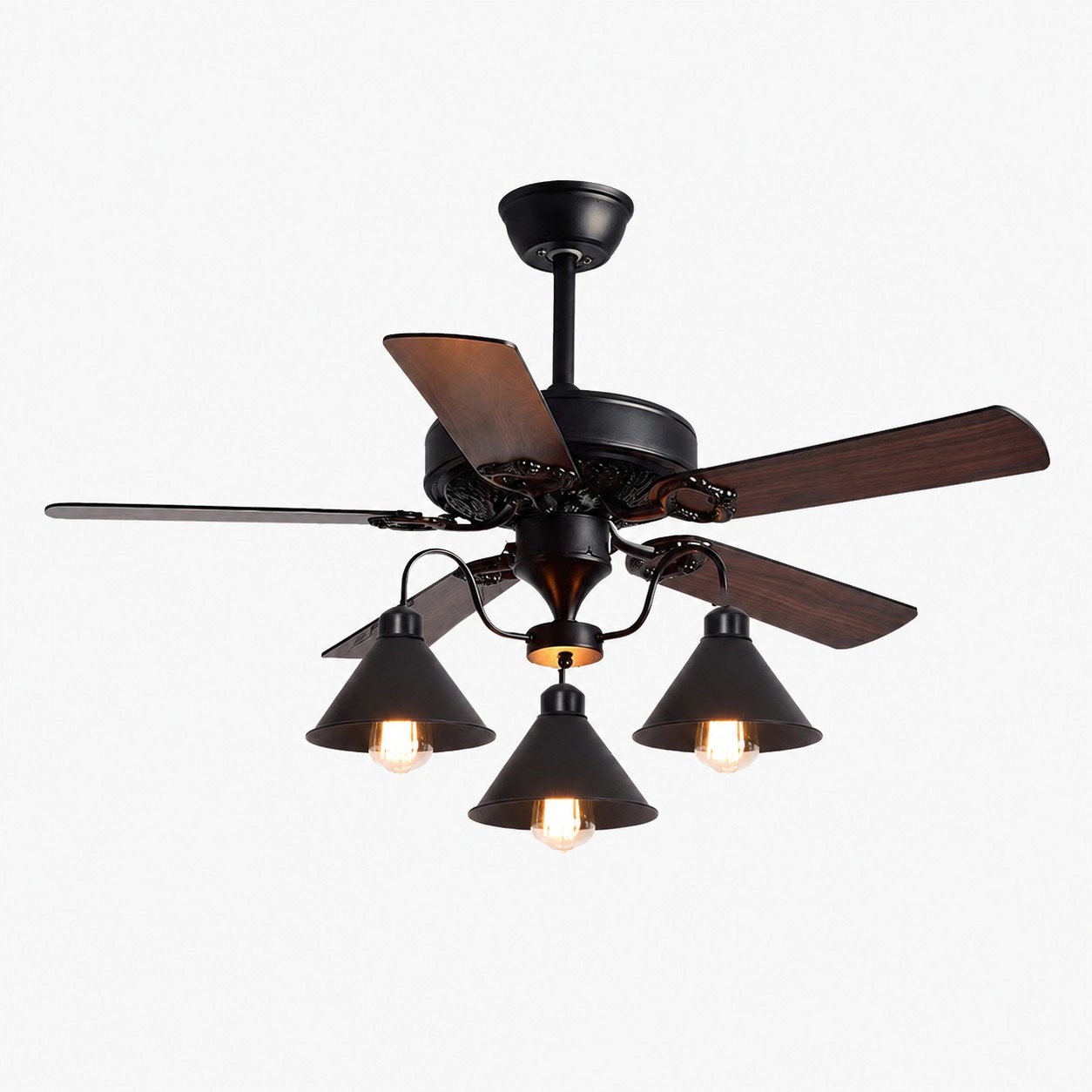 Style B Wood Blades / Matte Black Frame / Cone Metal Shades 3-Light ceiling fan light