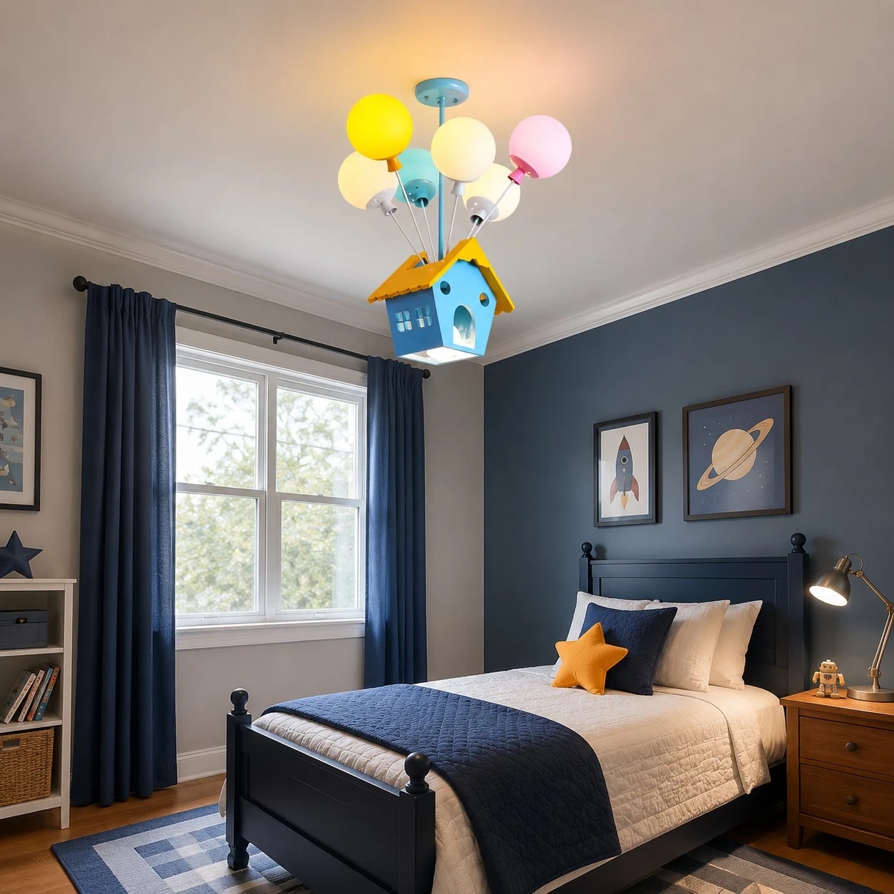 Lampadario a sospensione a forma di casetta di palloncini nella cameretta dei bambini.