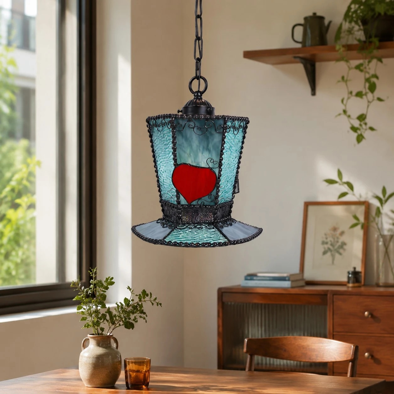 Lámpara colgante azul en un interior acogedor