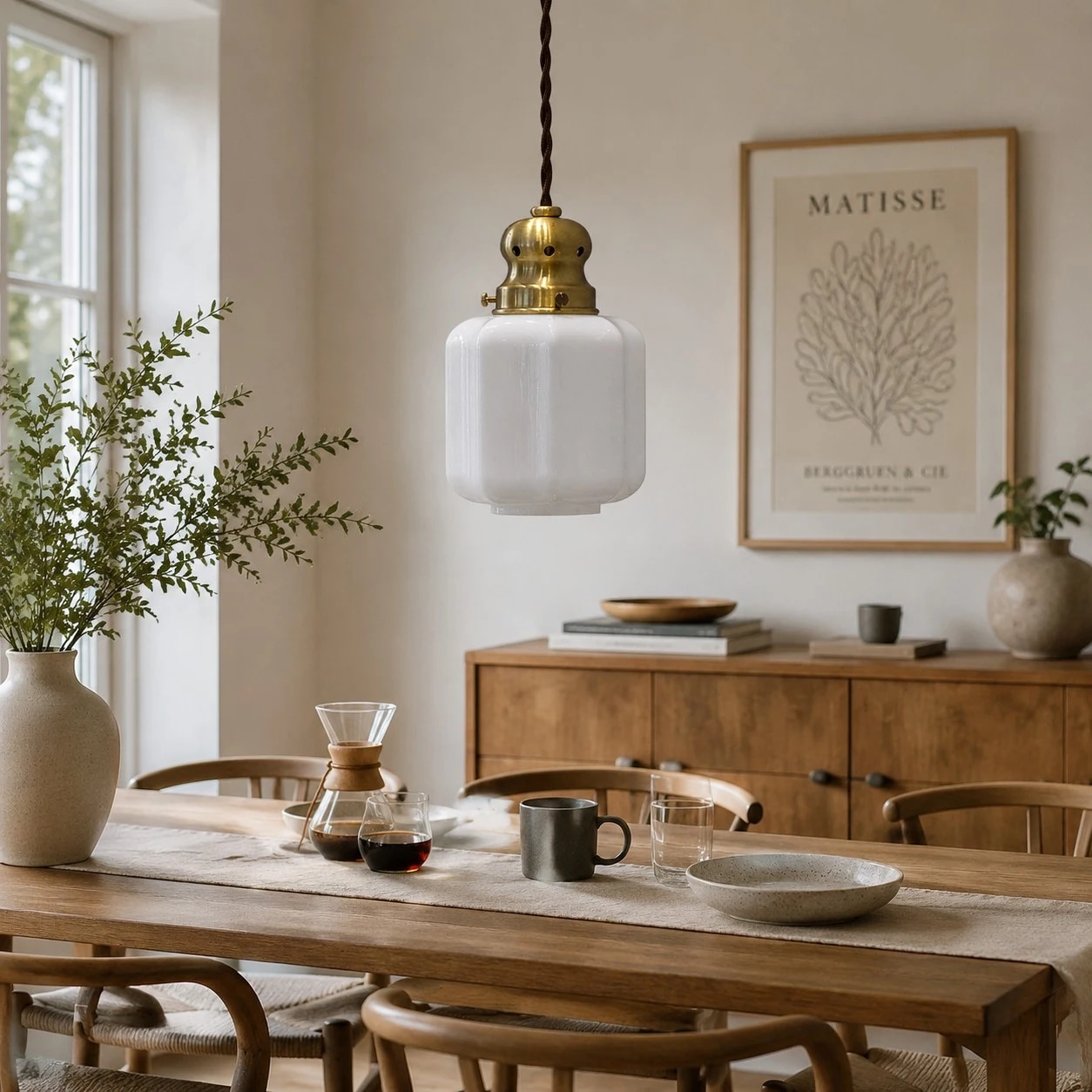 Luminária pendente vintage de latão e vidro sobre uma mesa de jantar aconchegante.