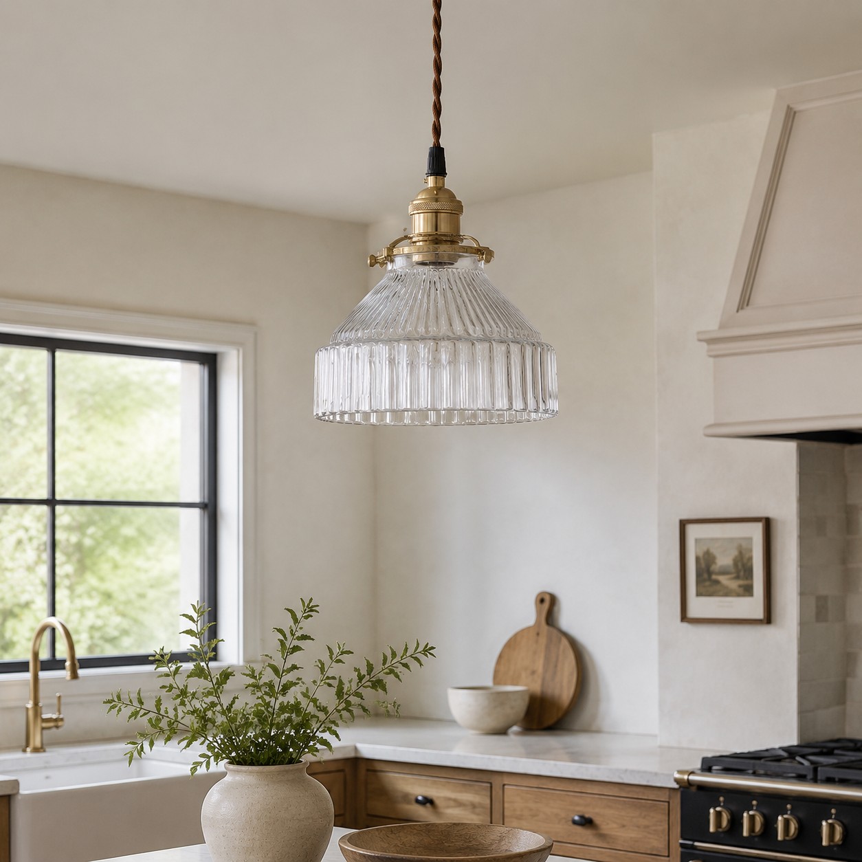 Brass glass pendant light installed in a warm interior scene