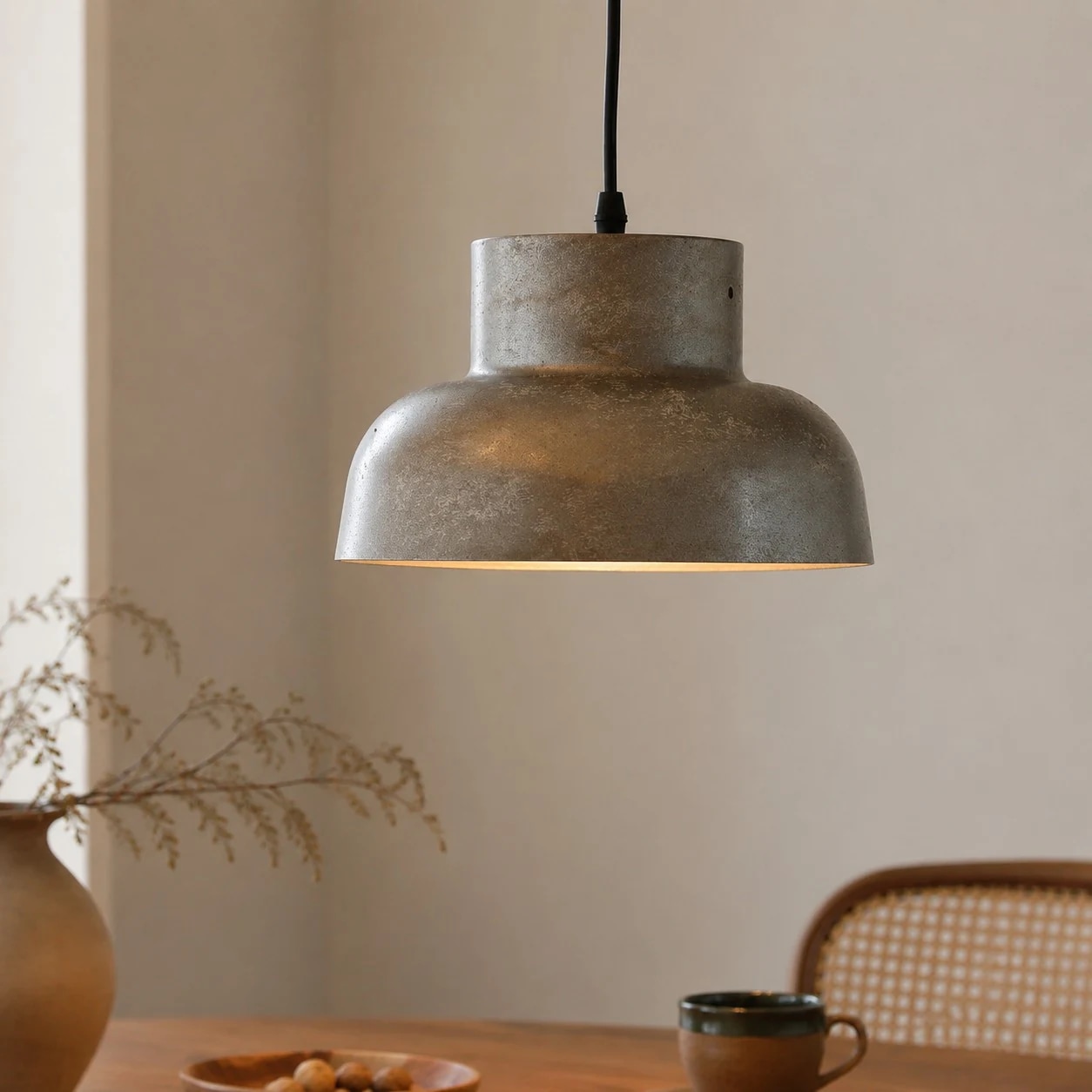 Lámpara colgante de metal envejecido sobre una escena de mesa de comedor.