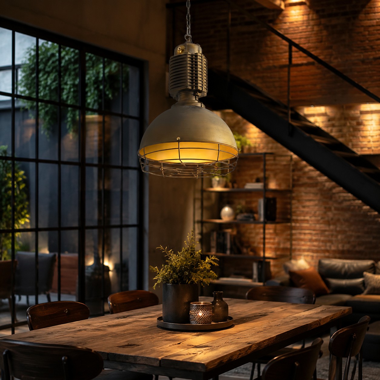 Antieke messing kooilamp in een café-interieur