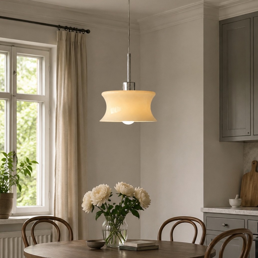 Lámpara colgante de cristal mostrada sobre un comedor