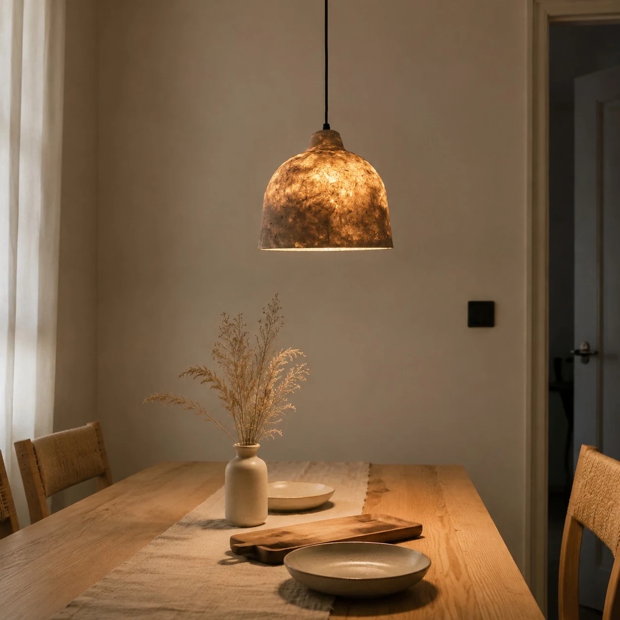 Lámpara colgante de papel hecha a mano que brilla sobre una mesa de comedor.