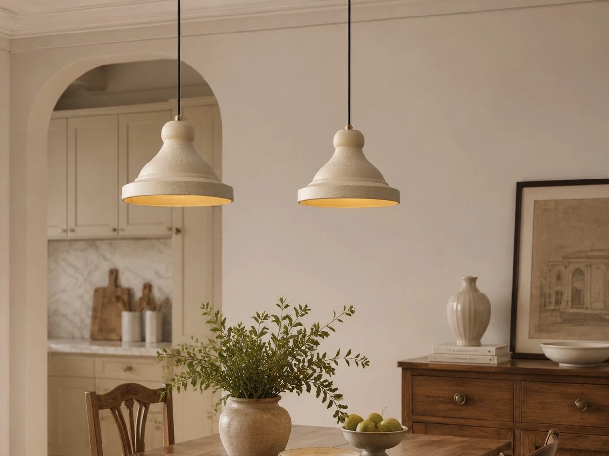 Lámparas colgantes de color beige sobre una mesa de comedor en un cálido interior de hogar.
