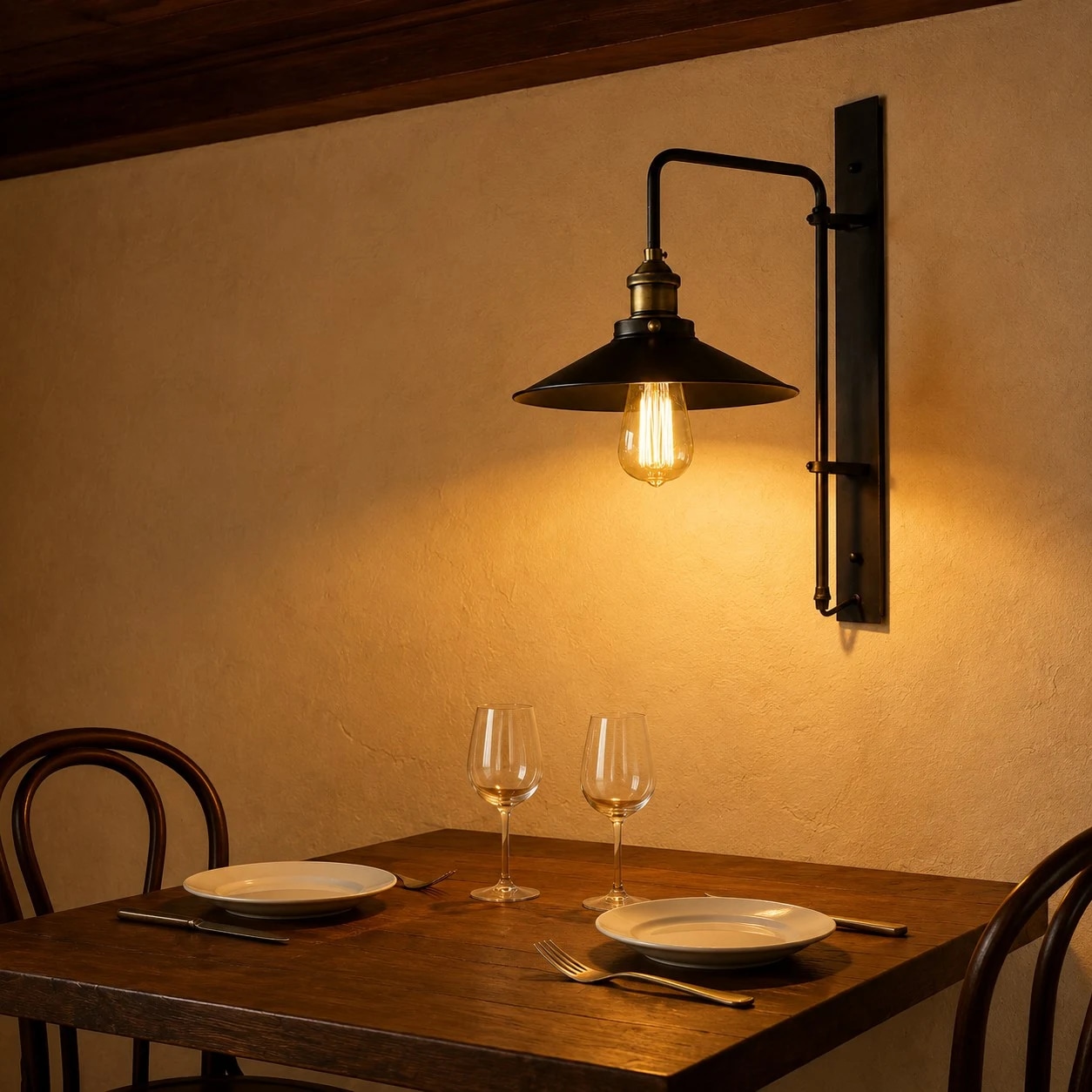 Luminária de parede em bronze escuro iluminando o ambiente ao lado de uma mesa de jantar externa.