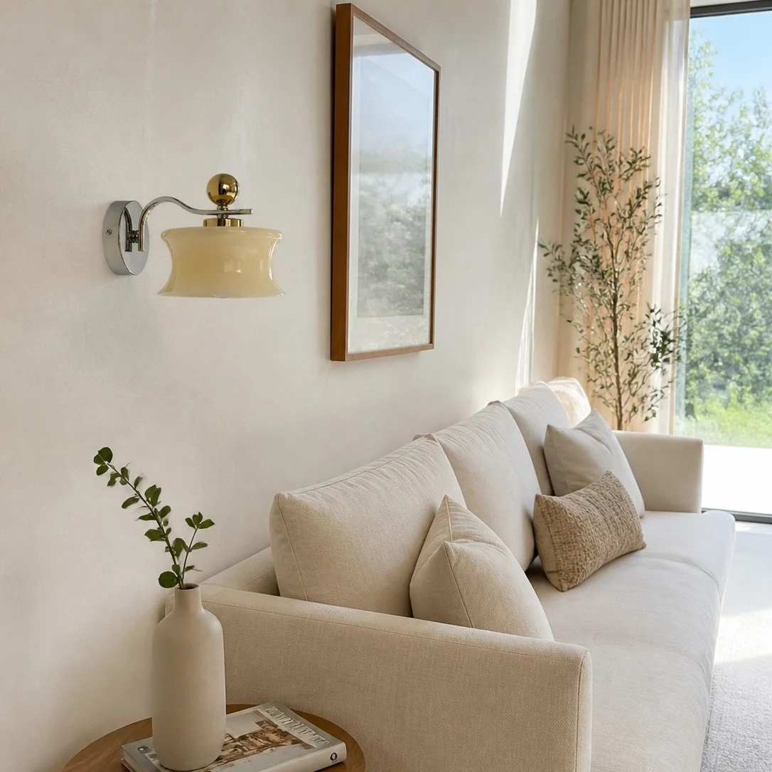 Applique murale en verre crème au-dessus d'un canapé