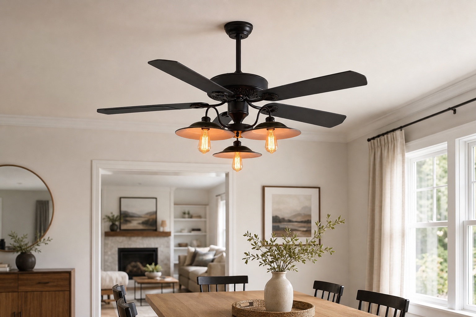 Ceiling fan light installed over a dining room