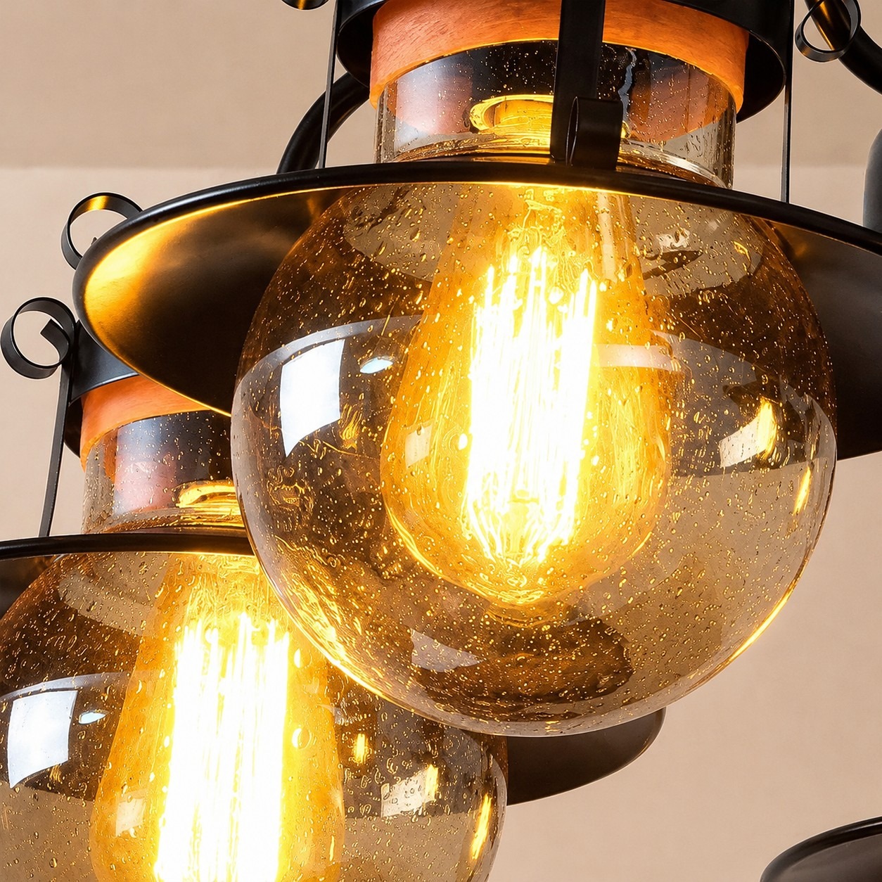 Amber glass globe detail on vintage ceiling fan light