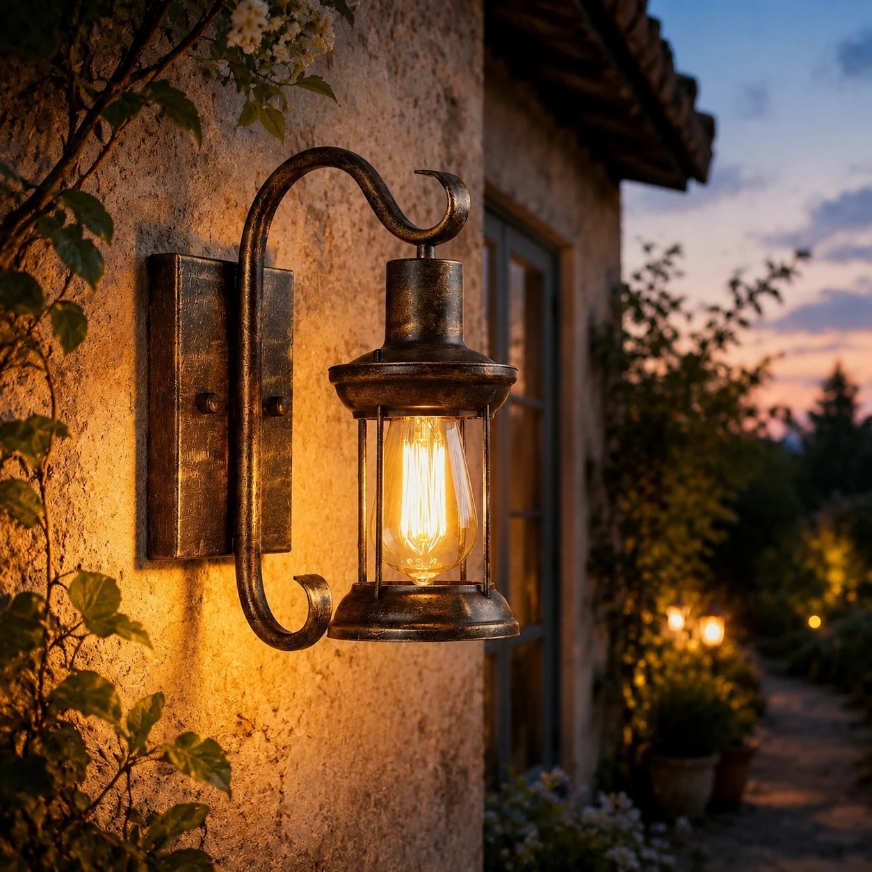 Lanterna de parede externa antiga de bronze, iluminada ao lado de uma parede de entrada ao entardecer.