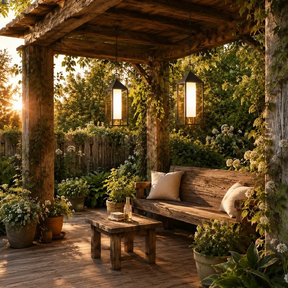 Área de estar externa com pérgola e lanternas pendentes pretas.