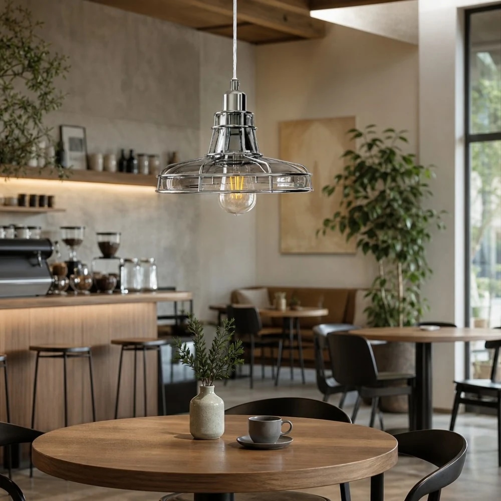 Luminária pendente em gaiola de metal e vidro na sala de jantar