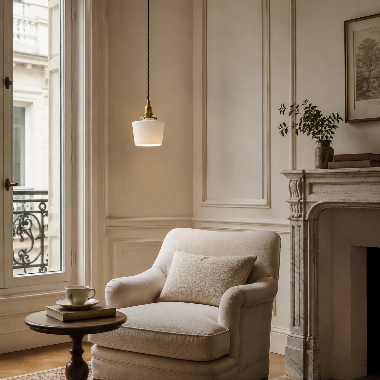 Suspension en verre côtelé illuminée dans une scène de chambre
