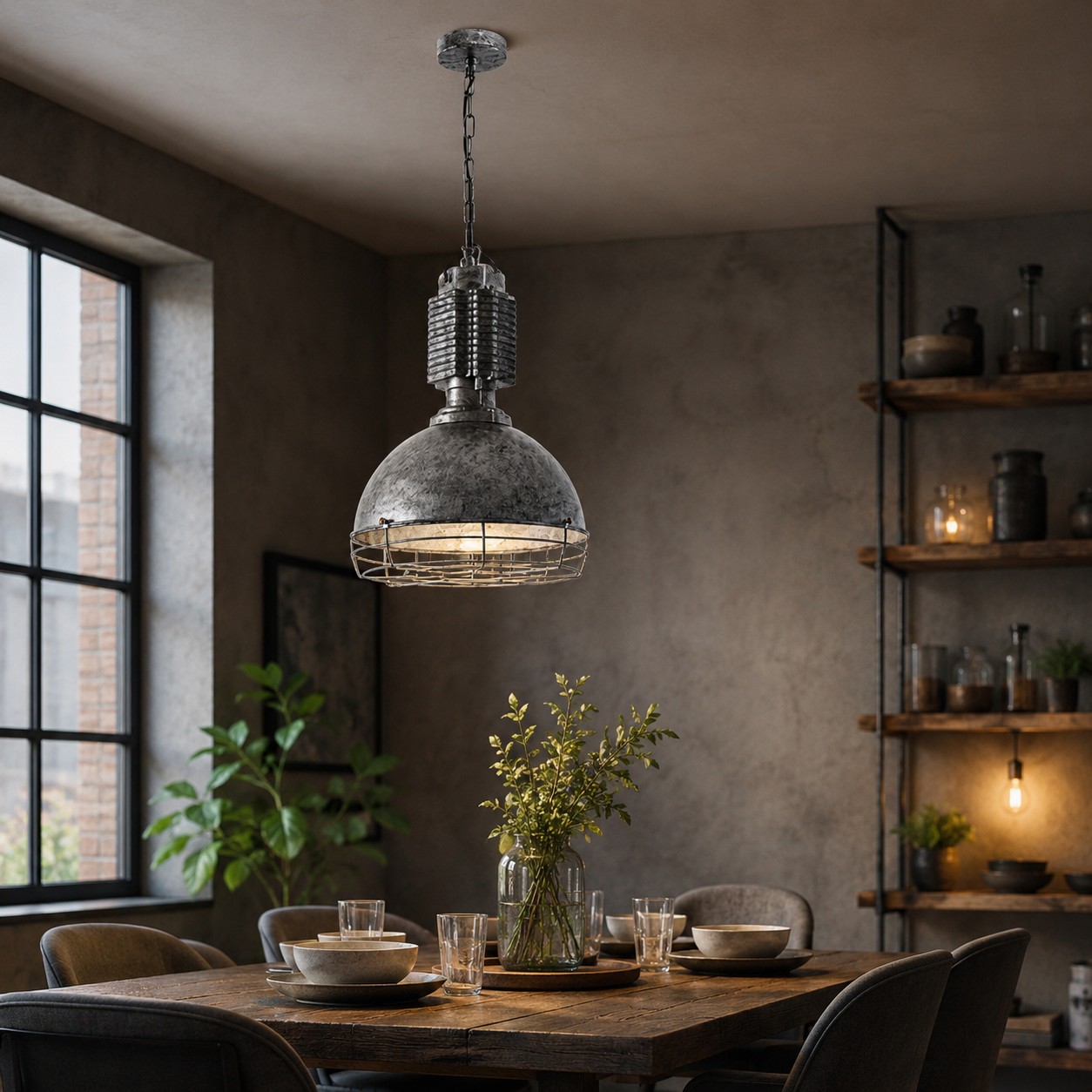 Verouderde zilveren kooivormige hanglamp in een eetkamer op zolder.