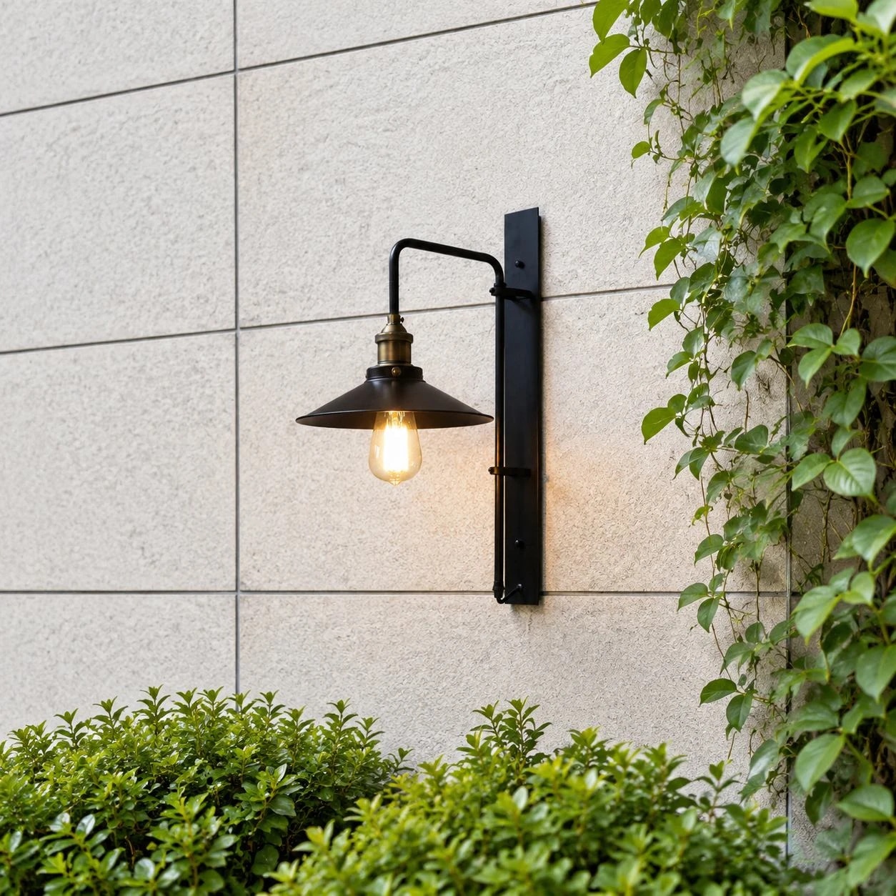 Luminária de parede em bronze escuro ao lado de um muro de jardim.