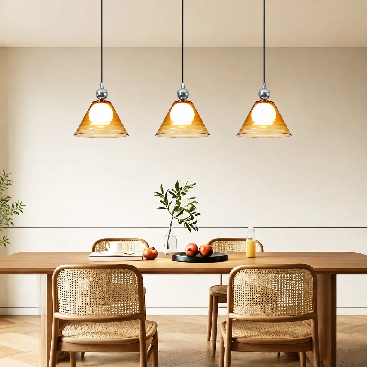 Tre ravfargede glasspendellamper installert over et spisebord
