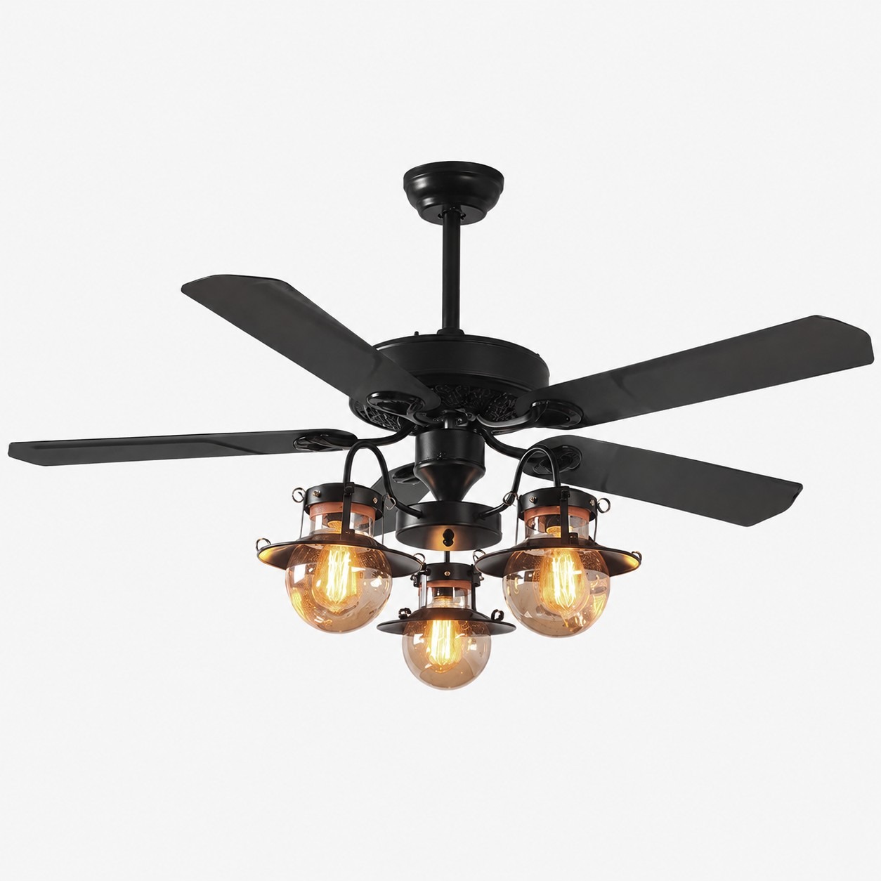 Style A Iron Blades / Matte Black Frame / Amber Glass Globes 3-Light ceiling fan light