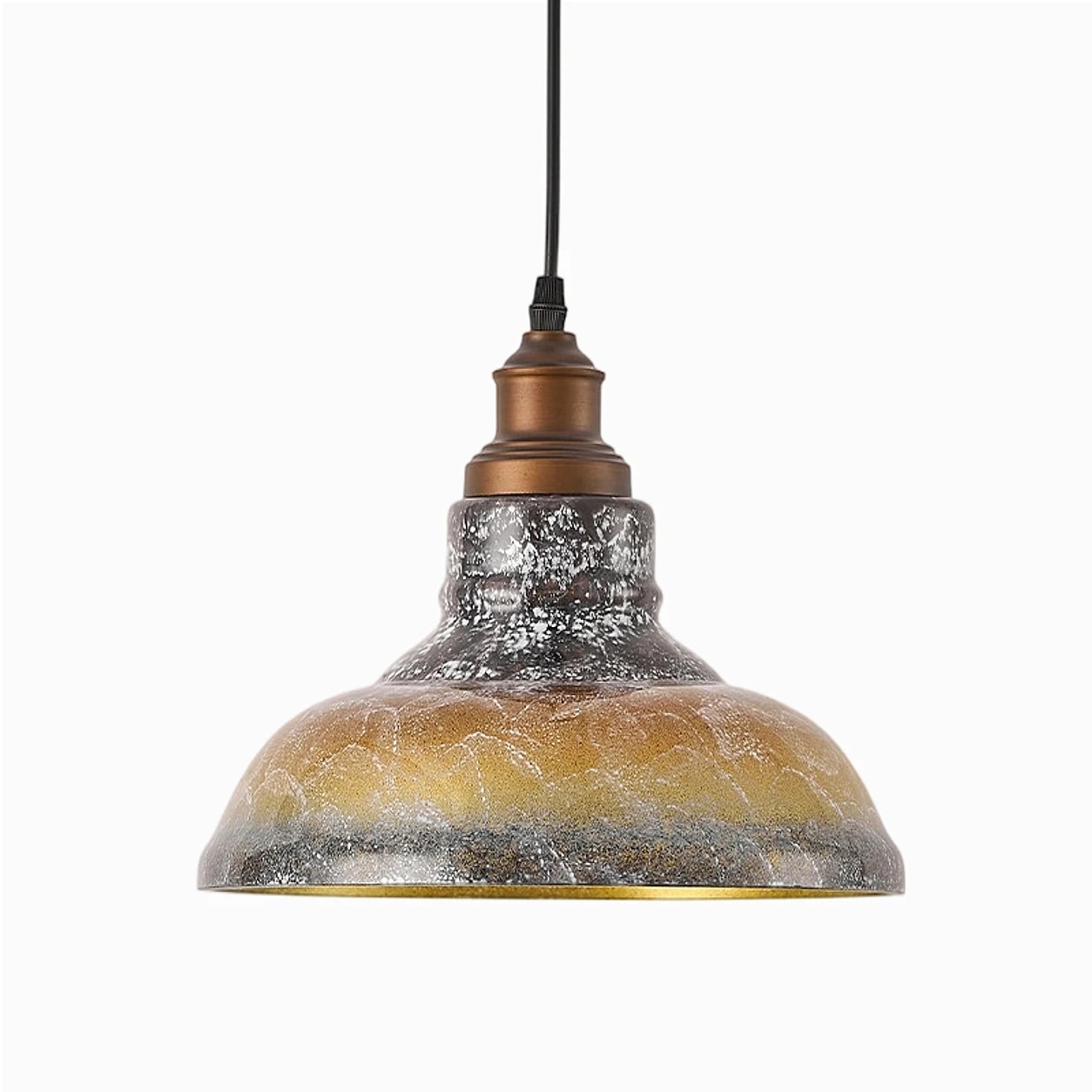 Pendellampe av røykgrått og gullfarget glass med børstet bronsefinish.