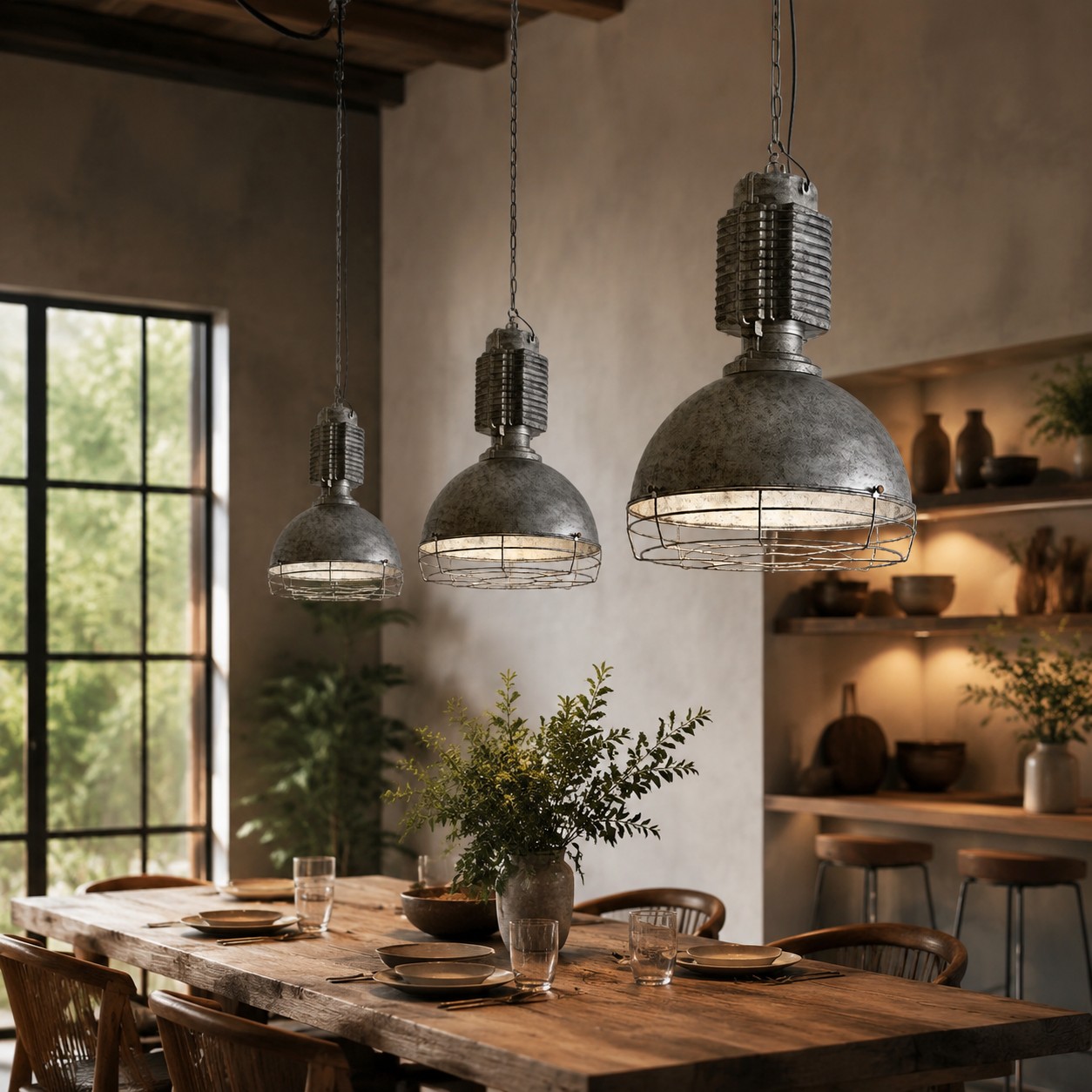 Industriële hanglampen met kooiconstructie boven een eettafel.