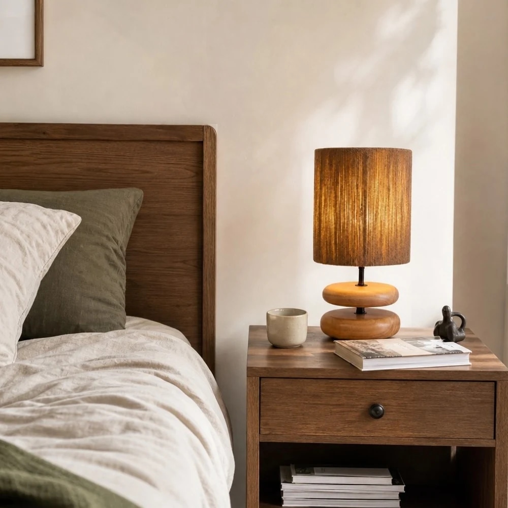 Lámpara de mesa de madera con pantalla de cuerda de cáñamo sobre una mesita de noche.