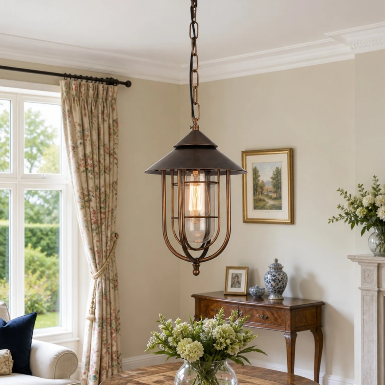 Ambiente aconchegante com estilo vintage e luminária pendente em bronze envelhecido.