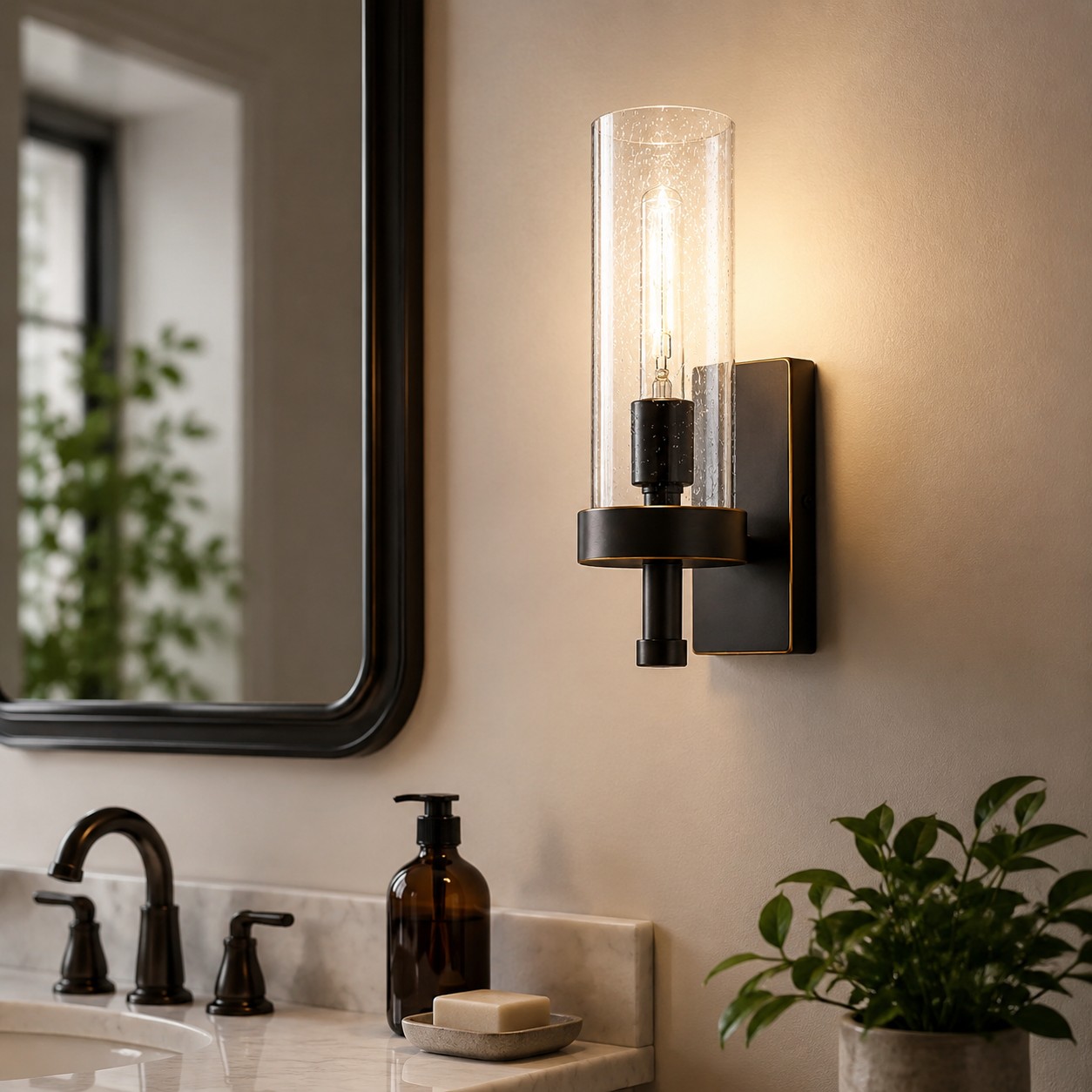 Aplique de pared de vidrio transparente negro instalado cerca de un espejo