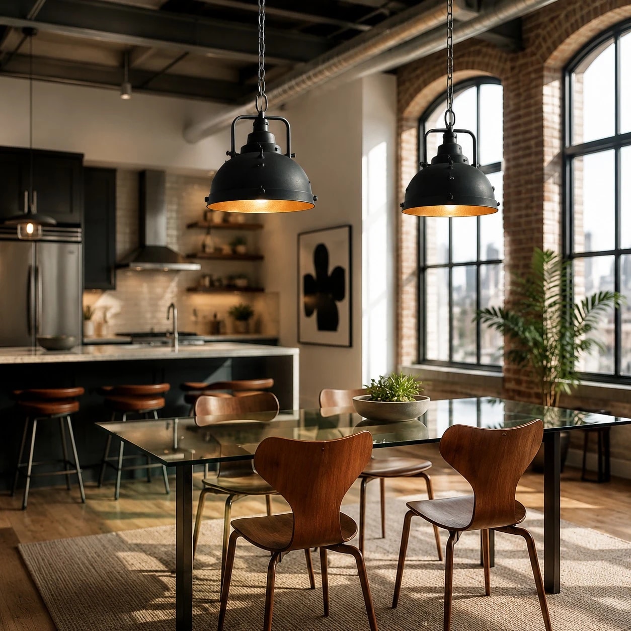 Um ponto focal industrial acolhedor para salas de jantar, cozinhas e lofts.