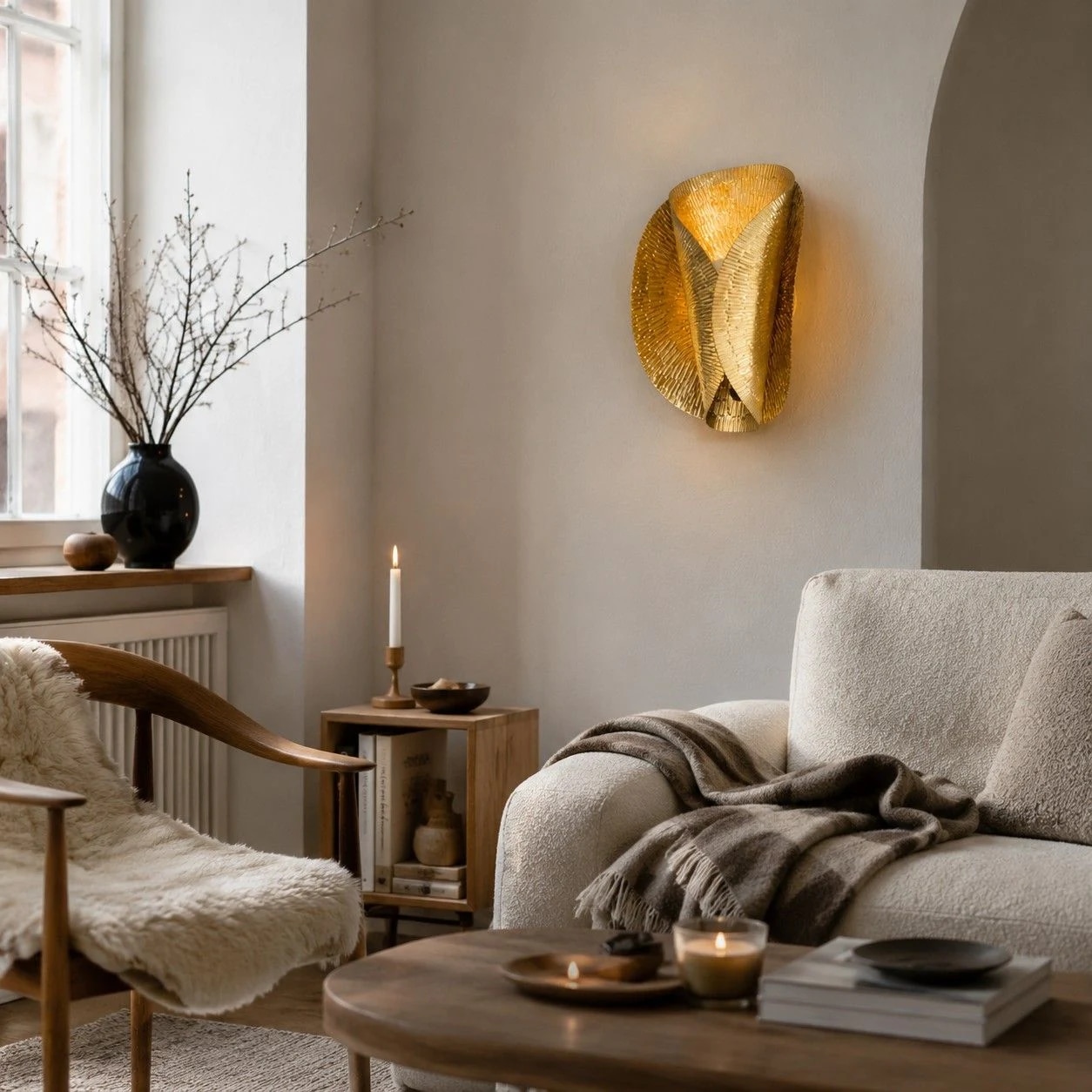 Applique murale dorée installée dans un salon chaleureux