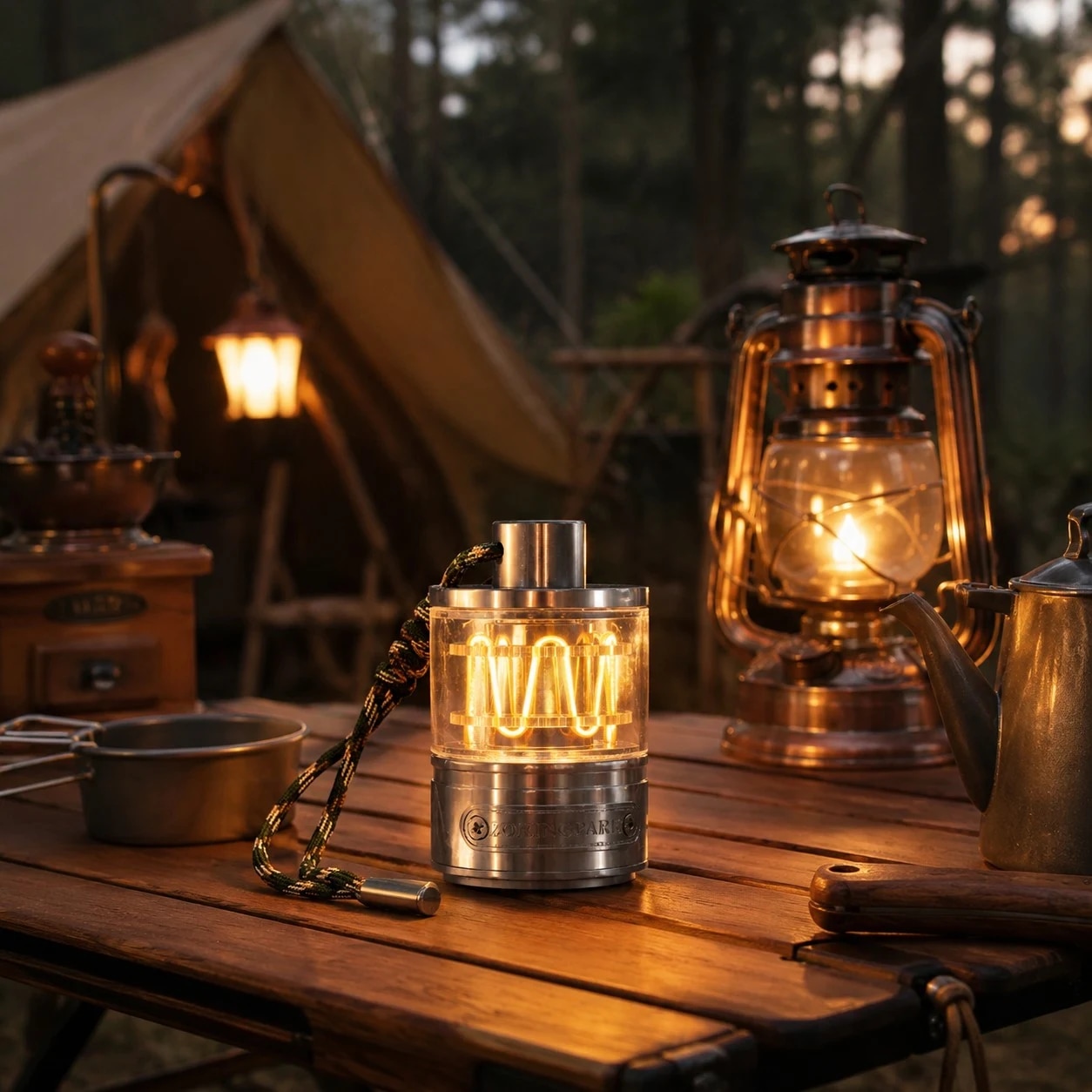 Een lamp die gloeit in een tafelsetting op de camping