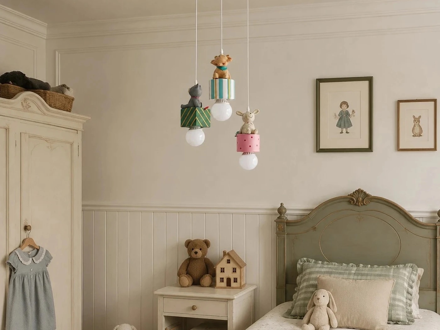 Lampe suspendue en forme de boîte cadeau animal dans une chambre d'enfant
