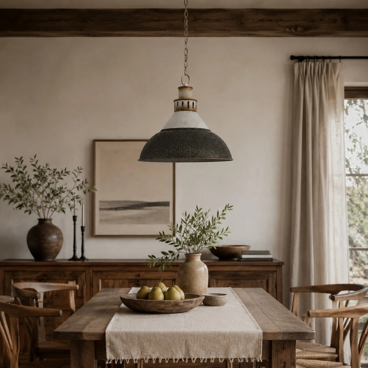 Lámpara colgante de cúpula de estilo industrial instalada sobre una mesa de comedor.