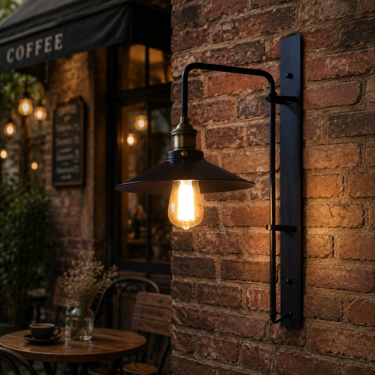 Luminária de parede em bronze escuro na fachada de tijolos de um café.