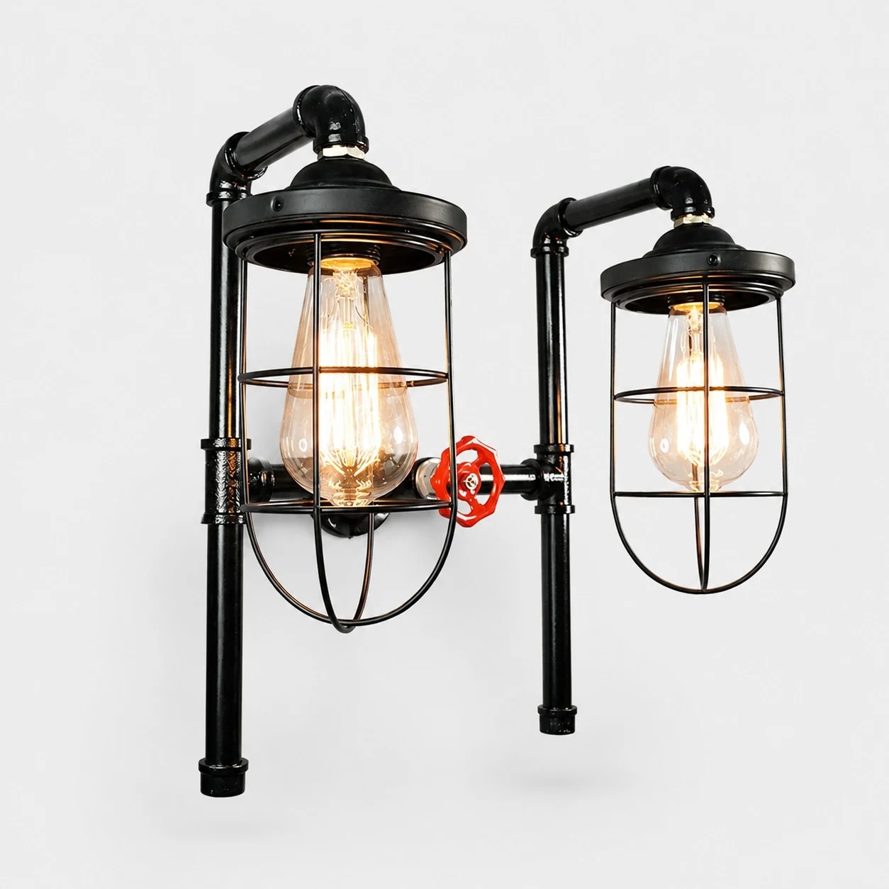 Industriële buiswandlamp met vintage kooikap productweergave