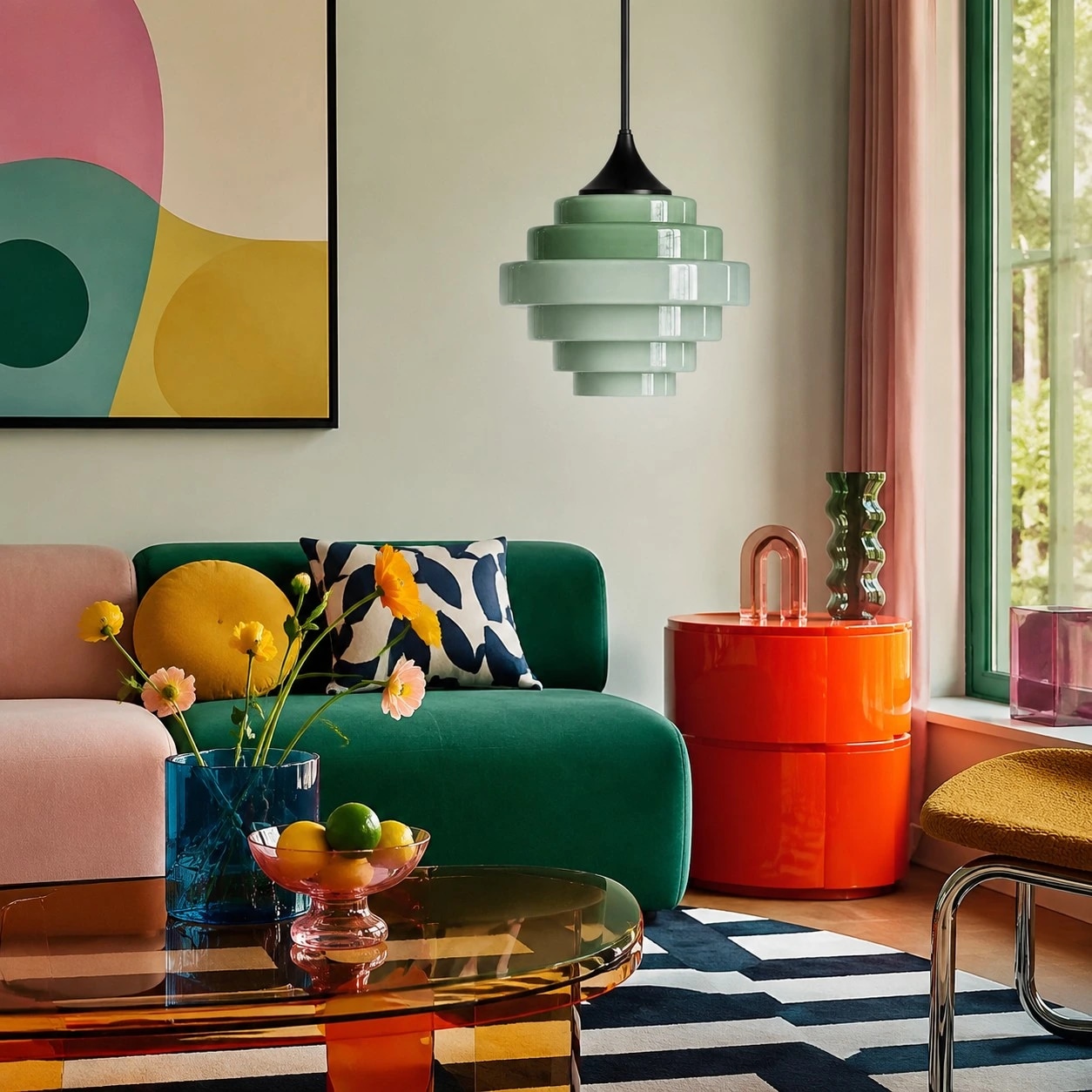 Lámpara colgante de cristal verde Sanenos en una sala de estar colorida.