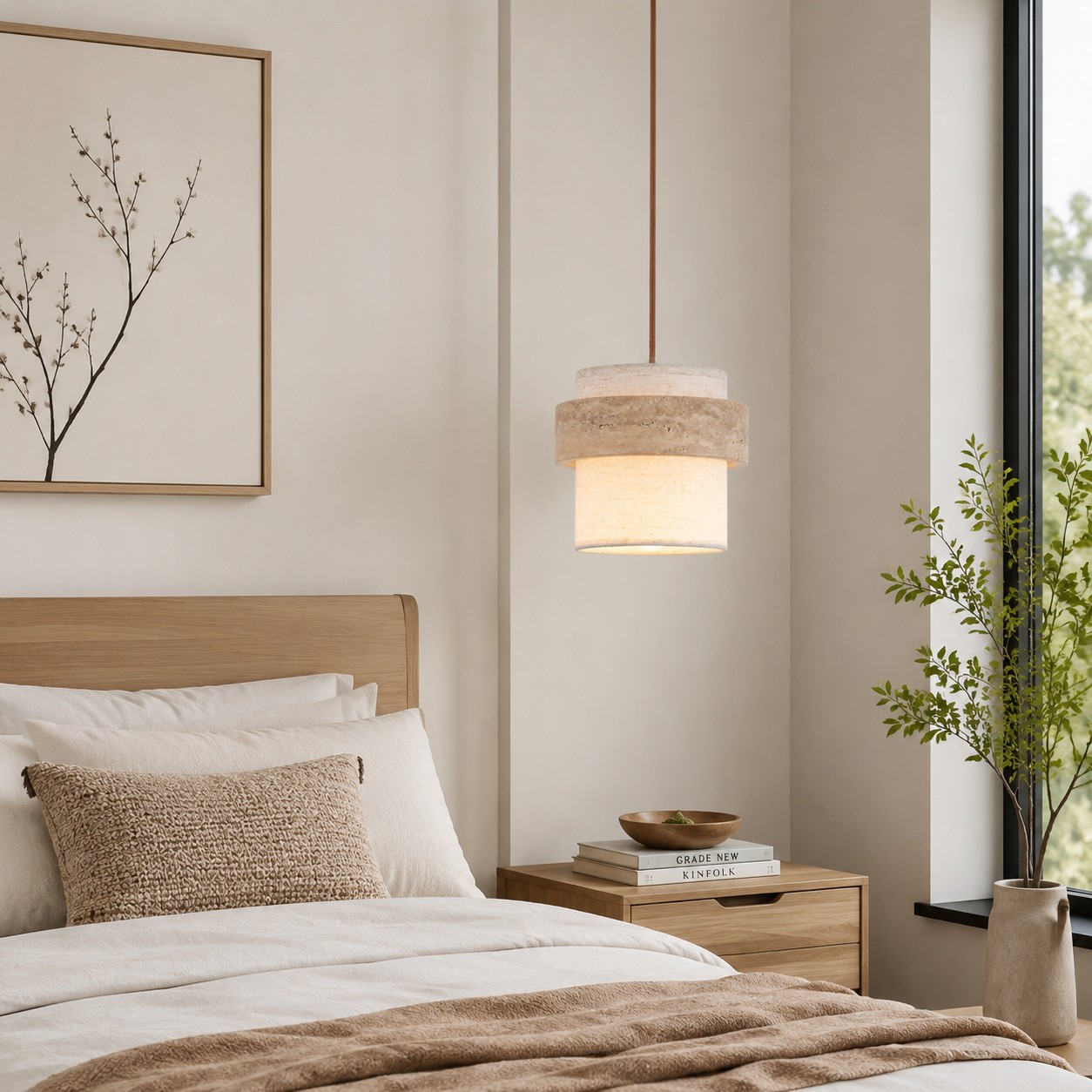 Single travertine fabric pendant in a bedroom